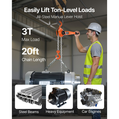 Αλυσίδα χειροκίνητης ανύψωσης VEVOR με μοχλό, χωρητικότητα 3T 3000KG βαρέως τύπου, ανυψωτική αλυσίδα 6M από κράμα χάλυβα G80 με μηχανικό φρένο διπλής αγκίστρωσης, περιστρεφόμενοι γάντζοι 360°, για αποθήκη και γκαράζ