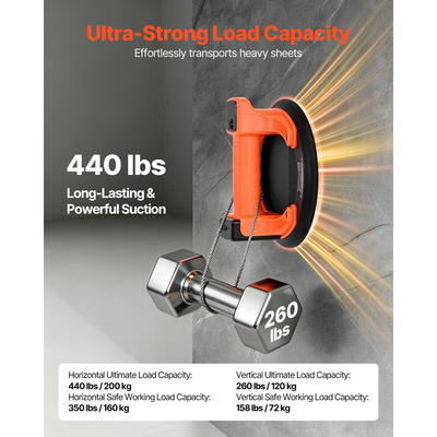 Ηλεκτρική βεντούζα VEVOR, Ανυψωτήρας υαλοπινάκων κενού 203 mm με ψηφιακή οθόνη για ισχύ αναρρόφησης και στάθμη μπαταρίας, Μέγιστη χωρητικότητα ανύψωσης 200 kg Εργαλείο βεντούζας πλακιδίων για ανύψωση πλακιδίων, γρανίτη (1 συσκευασία)