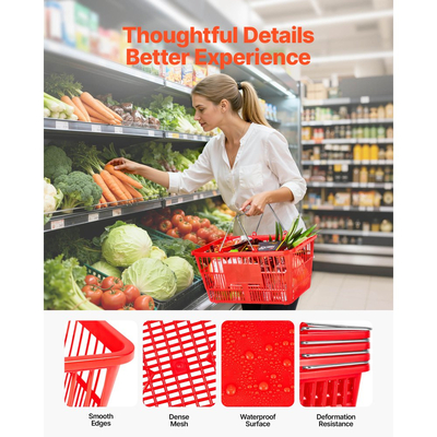 Καλάθια αγορών VEVOR, 12 τεμάχια, πλαστικά καλάθια παντοπωλείου PE 21L στοιβαζόμενα με μεταλλικές λαβές, πυκνή δομή πλέγματος, χωρητικότητα έως 9,07kg, φορητά για παντοπωλεία, λιανική πώληση, καταστήματα, σούπερ μάρκετ, οικιακή χρήση, κόκκινο