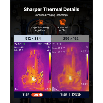 Θερμική κάμερα απεικόνισης VEVOR Pro, αναβαθμισμένη ανάλυση 512 x 384 TISR Super, υπέρυθρη θερμική απεικόνιση LCD 3,45" με οπτική κάμερα 2MP, ρυθμό ανανέωσης 25HZ, από -20℃ έως 550℃, 4 λειτουργίες εικόνας και 7 παλέτες χρωμάτων