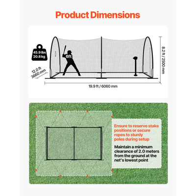 Κλουβί μπέιζμπολ VEVOR, Φορητό κλουβί μπέιζμπολ 6060 x 3660 x 2500 mm, Κλουβιά χτυπήματος με 30-στρωματικό κόμπο HDPE και άνοιγμα μηχανής ρίψης, Κλουβιά μπέιζμπολ με δίχτυ για εσωτερικούς και εξωτερικούς χώρους
