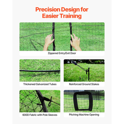 Κλουβί μπέιζμπολ VEVOR, Φορητό κλουβί μπέιζμπολ 6060 x 3660 x 2500 mm, Κλουβιά χτυπήματος με 30-στρωματικό κόμπο HDPE και άνοιγμα μηχανής ρίψης, Κλουβιά μπέιζμπολ με δίχτυ για εσωτερικούς και εξωτερικούς χώρους