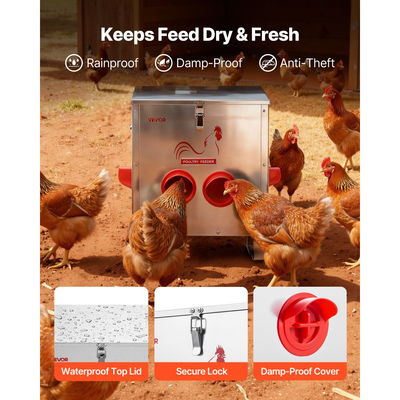 Αυτόματη ταΐστρα κοτόπουλων VEVOR, χωρητικότητας 11,34 kg, 6 θύρες τροφοδοσίας, ταΐστρα πουλερικών χωρίς απόβλητα, αυτόματη βαρύτητα, με λαβή και καπάκι, μεταλλική κατασκευή, για κοτόπουλα, φασιανούς, πτηνοτροφεία