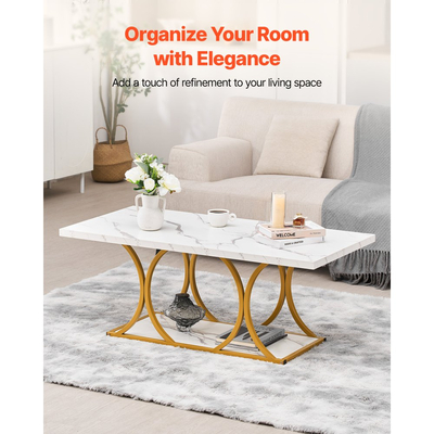 Τραπεζάκι σαλονιού VEVOR, Μοντέρνο τραπεζάκι σαλονιού από ψεύτικο μάρμαρο, Μεγάλο ορθογώνιο κεντρικό γραφείο 2 επιπέδων με γεωμετρικά πόδια, Μινιμαλιστικό, ανθεκτικό μεταλλικό πλαίσιο με διακοσμητικό γραφείο για σαλόνι, Γραφείο, Εύκολη συναρμολόγηση, Λευκό