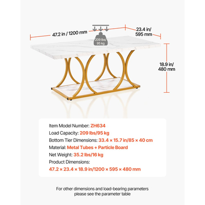 Τραπεζάκι σαλονιού VEVOR, Μοντέρνο τραπεζάκι σαλονιού από ψεύτικο μάρμαρο, Μεγάλο ορθογώνιο κεντρικό γραφείο 2 επιπέδων με γεωμετρικά πόδια, Μινιμαλιστικό, ανθεκτικό μεταλλικό πλαίσιο με διακοσμητικό γραφείο για σαλόνι, Γραφείο, Εύκολη συναρμολόγηση, Λευκό