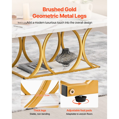 Τραπεζάκι σαλονιού VEVOR, Μοντέρνο τραπεζάκι σαλονιού από ψεύτικο μάρμαρο, Μεγάλο ορθογώνιο κεντρικό γραφείο 2 επιπέδων με γεωμετρικά πόδια, Μινιμαλιστικό, ανθεκτικό μεταλλικό πλαίσιο με διακοσμητικό γραφείο για σαλόνι, Γραφείο, Εύκολη συναρμολόγηση, Λευκό