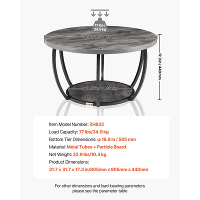 Τραπεζάκι Σαλονιού VEVOR, Μοντέρνο Στρογγυλό Τραπεζάκι Σαλονιού, 2 Επίπεδα Ξύλινο Κυκλικό Κεντρικό Γραφείο με Ανοιχτό Χώρο Αποθήκευσης, Μινιμαλιστικό Ανθεκτικό Μεταλλικό Πλαίσιο με Έξτρα Γραφείο για Σαλόνι, Γραφείο, Εύκολη Συναρμολόγηση, Γκρι