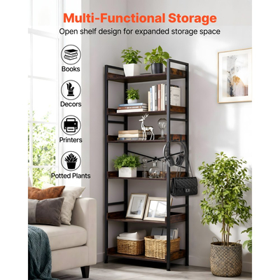 Βιομηχανική Βιβλιοθήκη VEVOR, 6 Επίπεδα, Vintage Ράφια Βιβλιοθηκών και Βιβλιοθηκών με Σκάλα, με Μεταλλικό Σκελετό, Οργανωτής Βιβλίων με Ανοιχτά Ράφια, για Σαλόνι, Υπνοδωμάτιο, Κουζίνα, Οικιακό Γραφείο, Rustics Καφέ