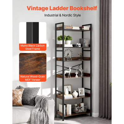 Βιομηχανική Βιβλιοθήκη VEVOR, 6 Επίπεδα, Vintage Ράφια Βιβλιοθηκών και Βιβλιοθηκών με Σκάλα, με Μεταλλικό Σκελετό, Οργανωτής Βιβλίων με Ανοιχτά Ράφια, για Σαλόνι, Υπνοδωμάτιο, Κουζίνα, Οικιακό Γραφείο, Rustics Καφέ