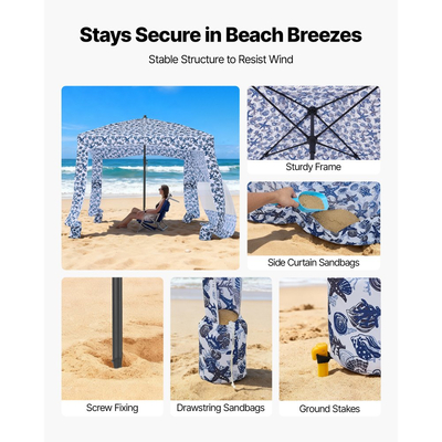 VEVOR Καμπάνα Παραλίας, Σκηνή Παραλίας 1,83 x 1,83 μ. με Πλευρικό Τοίχωμα, Προστασία UPF 50+, Εύκολη Εγκατάσταση Σκηνής Καμπάνα με Θήκες Άμμου, Μεγάλη Φορητή Σκίαση Εξωτερικού Χώρου, Ομπρέλα Ηλίου για Όλη την Οικογένεια και Φίλους
