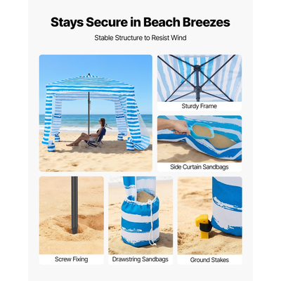 VEVOR Καμπάνα Παραλίας, Σκηνή Παραλίας 1,83 x 1,83 μ. με Πλευρικό Τοίχωμα, Προστασία UPF 50+, Εύκολη Εγκατάσταση Σκηνής Καμπάνα με Θήκες Άμμου, Φορητή Ομπρέλα Σκίασης για Όλη την Οικογένεια & Φίλους, Μπλε Ρίγες