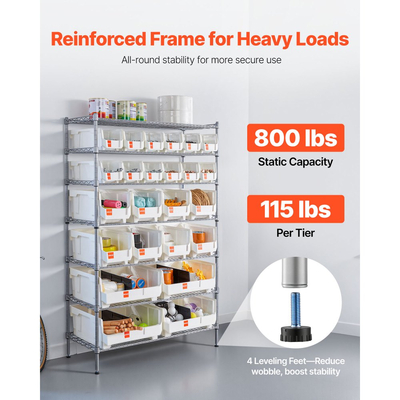 Ράφι αποθήκευσης κάδων VEVOR 7 επιπέδων με ρολό, 24 κάδοι οργάνωσης, σύστημα ραφιών από χάλυβα και συρματόσχοινο με ρόδες, κινητός οργανωτής εργαλείων για γκαράζ, αποθήκη, γραφείο, εστιατόριο, τάξη, κουζίνα