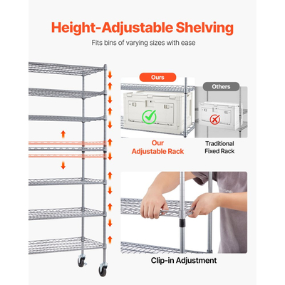 Ράφι αποθήκευσης κάδων VEVOR 7 επιπέδων με ρολό, 24 κάδοι οργάνωσης, σύστημα ραφιών από χάλυβα και συρματόσχοινο με ρόδες, κινητός οργανωτής εργαλείων για γκαράζ, αποθήκη, γραφείο, εστιατόριο, τάξη, κουζίνα