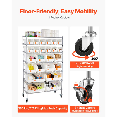 Ράφι αποθήκευσης κάδων VEVOR 7 επιπέδων με ρολό, 24 κάδοι οργάνωσης, σύστημα ραφιών από χάλυβα και συρματόσχοινο με ρόδες, κινητός οργανωτής εργαλείων για γκαράζ, αποθήκη, γραφείο, εστιατόριο, τάξη, κουζίνα