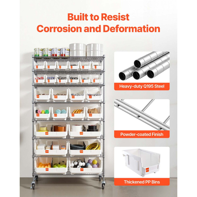 Ράφι αποθήκευσης κάδων VEVOR 8 επιπέδων με ρολό, 26 κάδοι οργάνωσης, σύστημα ραφιών από χάλυβα και συρματόσχοινο με ρόδες, κινητός οργανωτής εργαλείων για γκαράζ, αποθήκη, γραφείο, εστιατόριο, τάξη, κουζίνα