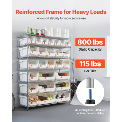 Ράφι αποθήκευσης κάδων VEVOR 7 επιπέδων με ρολό, 26 κάδοι οργάνωσης, σύστημα ραφιών από χάλυβα και συρματόσχοινο με ρόδες, κινητός οργανωτής εργαλείων για γκαράζ, αποθήκη, γραφείο, εστιατόριο, τάξη, κουζίνα