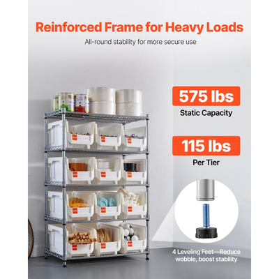 Ράφι αποθήκευσης κάδων VEVOR 5 επιπέδων με ρολό, 12 κάδοι οργάνωσης, σύστημα ραφιών από χάλυβα και συρματόσχοινο με ρόδες, κινητός οργανωτής εργαλείων για γκαράζ, αποθήκη, γραφείο, εστιατόριο, τάξη, κουζίνα