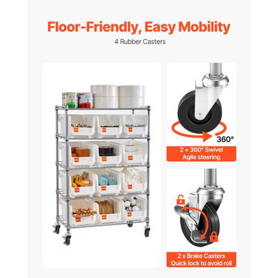 Ράφι αποθήκευσης κάδων VEVOR 5 επιπέδων με ρολό, 12 κάδοι οργάνωσης, σύστημα ραφιών από χάλυβα και συρματόσχοινο με ρόδες, κινητός οργανωτής εργαλείων για γκαράζ, αποθήκη, γραφείο, εστιατόριο, τάξη, κουζίνα