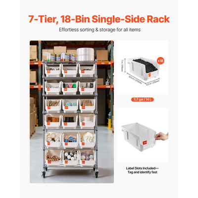 VEVOR Ράφι Αποθήκευσης Κάδων 7 Επιπέδων με Κυλιόμενο Τροχό, 18 Κάδοι Οργάνωσης, Σύστημα Ραφιών από Χαλύβδινο Σύρμα Αποθήκευσης με Ρόδες, Κινητός Οργανωτής Εργαλείων για Γκαράζ, Αποθήκη, Γραφείο, Εστιατόριο, Τάξη, Κουζίνα