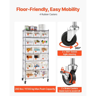 VEVOR Ράφι Αποθήκευσης Κάδων 7 Επιπέδων με Κυλιόμενο Τροχό, 18 Κάδοι Οργάνωσης, Σύστημα Ραφιών από Χαλύβδινο Σύρμα Αποθήκευσης με Ρόδες, Κινητός Οργανωτής Εργαλείων για Γκαράζ, Αποθήκη, Γραφείο, Εστιατόριο, Τάξη, Κουζίνα