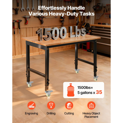 Ρυθμιζόμενος πάγκος εργασίας VEVOR με ρόδες, χωρητικότητα 680 kg, πάγκος εργασίας από ξύλο βελανιδιάς 122 x 60 cm με ρύθμιση ύψους 72,5-107,5, βαρέως τύπου τραπέζι εργασίας από σκληρό ξύλο για γκαράζ, εργαστήριο, σπίτι, γραφείο
