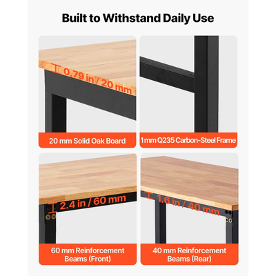 Ρυθμιζόμενος πάγκος εργασίας VEVOR με ρόδες, χωρητικότητα 680 kg, πάγκος εργασίας από ξύλο βελανιδιάς 122 x 60 cm με ρύθμιση ύψους 72,5-107,5, βαρέως τύπου τραπέζι εργασίας από σκληρό ξύλο για γκαράζ, εργαστήριο, σπίτι, γραφείο