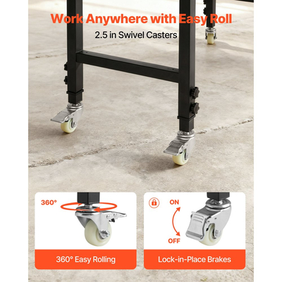 Ρυθμιζόμενος πάγκος εργασίας VEVOR με ρόδες, χωρητικότητα 680 kg, πάγκος εργασίας από ξύλο βελανιδιάς 122 x 60 cm με ρύθμιση ύψους 72,5-107,5, βαρέως τύπου τραπέζι εργασίας από σκληρό ξύλο για γκαράζ, εργαστήριο, σπίτι, γραφείο