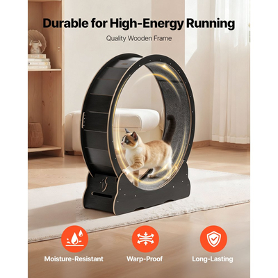 Τροχός άσκησης γάτας VEVOR, Ξύλινος τροχός τρεξίματος γάτας 120 cm για γάτες εσωτερικού χώρου έως 12,7 kg, Διάδρομος για γάτες με διάδρομο με μοκέτα και μηχανισμό κλειδώματος, Ήσυχα αθλητικά παιχνίδια για γατάκια για κατοικίδια, Μαύρο