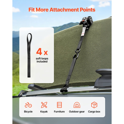 Ανασυρόμενοι ιμάντες καστάνιας VEVOR, 25,4 mm x 3 m, Ιμάντες πρόσδεσης με γάντζους S, αντοχή σε θραύση 544 kg, 4 μαλακές θηλιές, Πρόσδεση με καστάνια για μετακίνηση, ρυμουλκούμενα, μοτοσικλέτες, καγιάκ, οροφή αυτοκινήτου, 4 τεμάχια