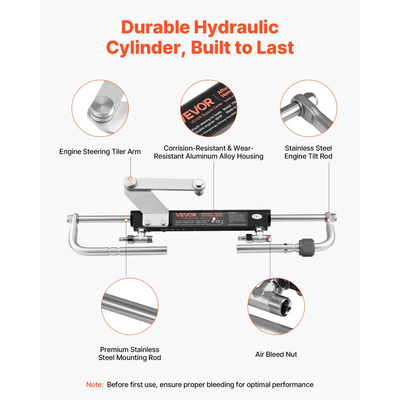Κιτ υδραυλικού τιμονιού VEVOR, 90 HP, υδραυλικό σύστημα τιμονιού θαλάσσιου σκάφους, με αντλία τιμονιού 6,9 MPa/1000 psi, κύλινδρο κλειδώματος δύο κατευθύνσεων και σωλήνες υψηλής αντοχής 6 m, για χρήση σε μία στάση, με έναν κινητήρα