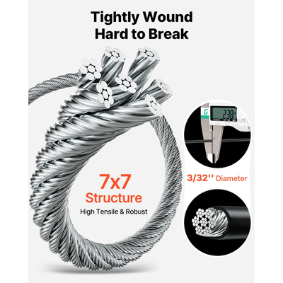 Κιτ συρματόσχοινου VEVOR 2,38 mm, μήκος 50,3 m, καλώδιο από ανοξείδωτο χάλυβα 304, αντοχή σε θραύση 2 kN, κατασκευή 7 x 7 κλώνων, χαλύβδινο καλώδιο για σύστημα κιγκλιδωμάτων καταστρώματος, πέργκολα κήπου, φωτιστικά σε σειρά