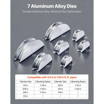 Κιτ κουρμπαδόρου σωλήνων VEVOR, 6 mm έως 22 mm, Συμπαγής κουρμπαδόρος σωλήνων με καστάνια, Εργαλείο χειροκίνητης κάμψης εμπρός/πίσω, με 7 μήτρες από κράμα αλουμινίου, για επισκευή αυτοκινήτων από χαλκό HVAC, κλιματισμό, ψύξη και ψύξη