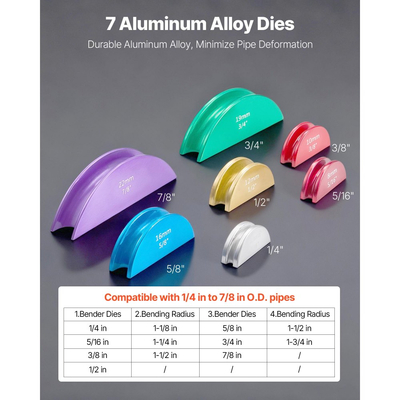Κιτ κάμψης σωλήνων VEVOR, 6 mm έως 22 mm, Συμπαγής κάμψη σωλήνων με καστάνια, Εργαλείο κάμψης με καστάνια χειρός, με μήτρες από κράμα αλουμινίου 7 χρωμάτων, Εργαλεία HVAC, για ψύξη, κλιματισμό, χάλκινο HVAC
