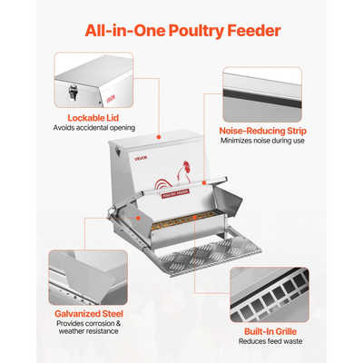 Αυτόματη ταΐστρα κοτόπουλων VEVOR, χωρητικότητας 18,14 kg, αδιάβροχη ταΐστρα πουλερικών με κλειδωμένο καπάκι, χωρίς απόβλητα, κατασκευή από γαλβανισμένο χάλυβα, εξωτερική χρήση, για κοτόπουλα, μπαντάμ, πουλερικά, φασιανούς