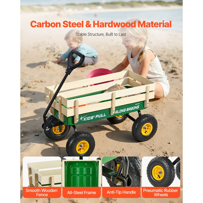 VEVOR Ρυμουλκούμενο Καρότσι για Παιδιά, Καρότσια 101cm με Ξύλινα Πάνελ & Λαβή, Υποστηρίζει έως 150kg, Δώρο Γενεθλίων για Παιδιά, Κηπουρική, Παραλία, Πράσινο