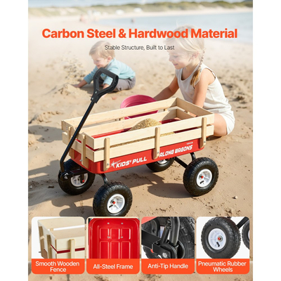 VEVOR Ρυμουλκούμενο Καρότσι για Παιδιά, Καρότσια 101cm με Ξύλινα Πάνελ & Λαβή, Υποστηρίζει έως 150kg, Δώρο Γενεθλίων για Παιδιά, Κηπουρική, Παραλία, Κόκκινο