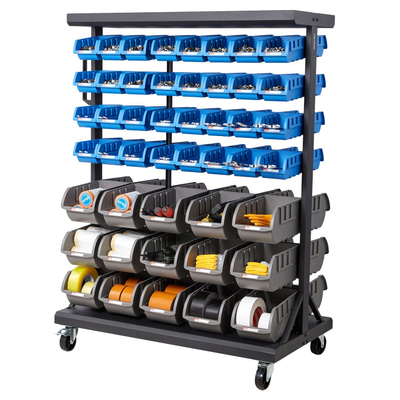 VEVOR Ράφι Αποθήκευσης 7 Επιπέδων Διπλής Όψης με Κυλιόμενο Κάδο, 94 Πλαστικοί Κάδοι, Οργανωτής Εξαρτημάτων Διπλής Όψης με Ρόδες, Κινητός Οργανωτής Εργαλείων για Γκαράζ, Αποθήκη, Γραφείο, Εστιατόριο, Τάξη, Κουζίνα