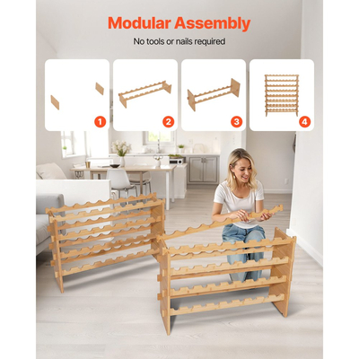 VEVOR 72 Ράφι Κρασιών με Στοίβαξη Μπουκαλιών, 8 Επίπεδα, Ανεξάρτητη Ράφι Αποθήκευσης Κρασιών στο Δάπεδο, Ανθεκτικό Ράφι Εμφάνισης Θέσεων Κρασιών, Ράφια που Δεν Τραντάζονται, Εύκολη Συναρμολόγηση, για Κουζίνα, Κάβα και Μπαρ, Φυσικό