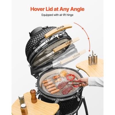 Καπνιστήριο και ψησταριά κάρβουνου VEVOR, καπνιστήριο BBQ Kamado 450mm με κάρβουνο, κινητή κεραμική ψησταριά μπάρμπεκιου με 4 τροχούς (2 με κλείδωμα), ενσωματωμένο θερμόμετρο, αεραγωγό και πλαϊνό ράφι για μαγείρεμα σε εξωτερικούς χώρους, βεράντα και αυλή.