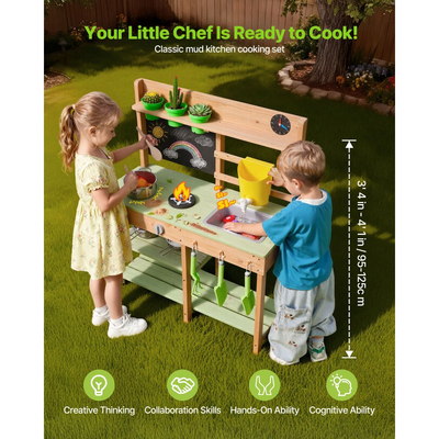 Κουζίνα από λάσπη VEVOR, Κουζίνα από λάσπη εξωτερικού χώρου για παιδιά, Ξύλινες κουζίνες εξωτερικού χώρου με σόμπες, Δεξαμενή, Νιπτήρας, Φτυάρια φύτευσης, Σπάτουλες, Κουτί, Μαγειρικά σκεύη, Γλάστρες και αξεσουάρ, Ξύλινες κουζίνες παιχνιδιού για το σπίτι, Γκαζόν