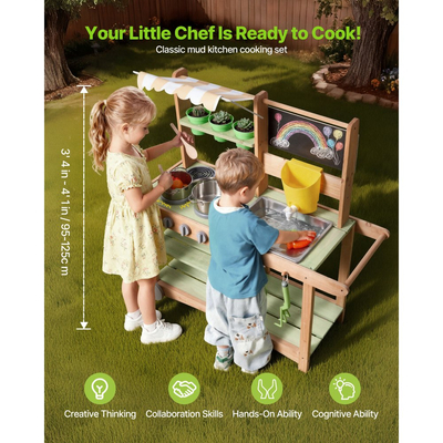 Κουζίνα από λάσπη VEVOR, Κουζίνα από λάσπη εξωτερικού χώρου για παιδιά, Ξύλινες κουζίνες εξωτερικού χώρου με κουτάλια, Νιπτήρας, Στέγαστρο για σκίαση, Περιστρεφόμενες ρόδες, Σκεύη μαγειρικής, Κατσαρόλες και αξεσουάρ, Ξύλινες κουζίνες παιχνιδιού για το σπίτι, Γκαζόν