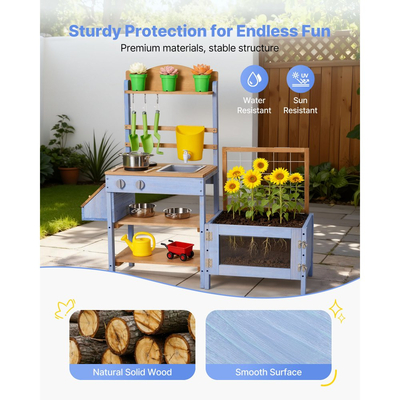 Κουζίνα από λάσπη VEVOR, Κουζίνα από λάσπη εξωτερικού χώρου για παιδιά, Ξύλινες κουζίνες εξωτερικού χώρου με κουτί φύτευσης, Δοχείο για συλλέκτες ζωύφιων, Δεξαμενή, Νιπτήρας, Σκεύη μαγειρικής και γλάστρες, Ξύλινες κουζίνες παιχνιδιού για γκαζόν, αυλή