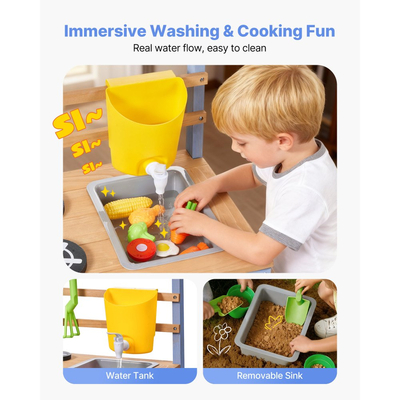 Κουζίνα από λάσπη VEVOR, Κουζίνα από λάσπη εξωτερικού χώρου για παιδιά, Ξύλινες κουζίνες εξωτερικού χώρου με κουτί φύτευσης, Δοχείο για συλλέκτες ζωύφιων, Δεξαμενή, Νιπτήρας, Σκεύη μαγειρικής και γλάστρες, Ξύλινες κουζίνες παιχνιδιού για γκαζόν, αυλή