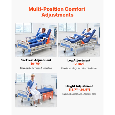VEVOR Premium 3 Λειτουργιών Πλήρως Ηλεκτρικό Νοσοκομειακό Κρεβάτι, Ηλεκτρικό Ιατρικό Κρεβάτι με Πλάτη, Υποπόδιο & Ρύθμιση Ύψους, Ροδάκια Κλειδώματος 127 mm, Στρώμα Υψηλής Πυκνότητας για Οικιακή Νοσοκομειακή Χρήση, Φόρτωση 250 kg