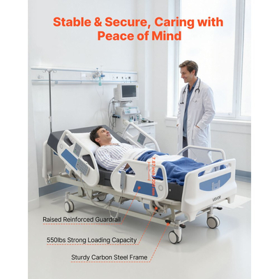 VEVOR Premium Πλήρως Ηλεκτρικό Νοσοκομειακό Κρεβάτι 5 Λειτουργιών, Ηλεκτρικό Ιατρικό Κρεβάτι με Καρδιακή Καρδιά, ΚΑΡΠΑ, Trendelenburg & Αντίστροφη Trendelenburg, Κεντρικό Κλείδωμα με Ροδάκια 127mm για Κατ' Οίκον Νοσοκομειακή Περίθαλψη