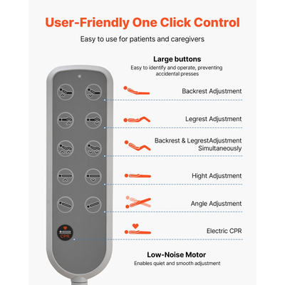 VEVOR Premium Πλήρως Ηλεκτρικό Νοσοκομειακό Κρεβάτι 5 Λειτουργιών, Ηλεκτρικό Ιατρικό Κρεβάτι με Καρδιακή Καρδιά, ΚΑΡΠΑ, Trendelenburg & Αντίστροφη Trendelenburg, Κεντρικό Κλείδωμα με Ροδάκια 127mm για Κατ' Οίκον Νοσοκομειακή Περίθαλψη
