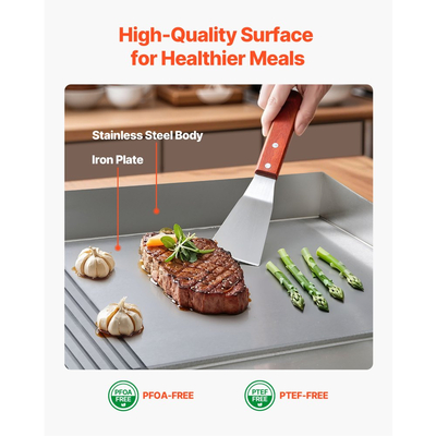 Ηλεκτρική πλάκα ψησίματος VEVOR Commercial, 725 x 400 mm, 4400W, Ρυθμιζόμενη θερμοκρασία 50-300°C, Πάγκος εργασίας από ανοξείδωτο χάλυβα, Μισό αυλάκι Μισό επίπεδος, με 2 σπάτουλες και 2 βούρτσες, για μπριζόλα, τηγανίτες