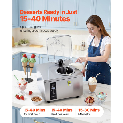Επαγγελματική μηχανή παγωτού VEVOR, 500W 5L ανά ώρα, μηχανή παγωτού Gelato με κύλινδρο από ανοξείδωτο ατσάλι 304 2,8L, πάνελ LED αυτόματου καθαρισμού, υψηλή παραγωγικότητα για σνακ μπαρ σε εστιατόρια