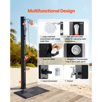 VEVOR 40L Ηλιακό Θερμαινόμενο Ντους, Εξωτερικό Ντους με Ύψος Κεφαλής Ντους 205cm, με Κιτ Δαπέδου & Χειροκίνητη & Ποδαρική Βρύση, Ρύθμιση Ζεστού & Κρύου Νερού, Ελεύθερο για Πισίνα Παραλίας, Μαύρο