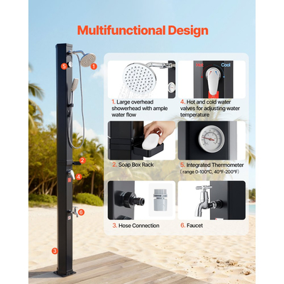 VEVOR 40L Ηλιακό Θερμαινόμενο Ντους, Εξωτερικό Ντους με Ύψος Κεφαλής Ντους 205cm, με Χειροκίνητη & Ποδαρική Βρύση, Ρύθμιση Ζεστού & Κρύου Νερού, Ελεύθερο για Πισίνα Παραλίας, Μαύρο